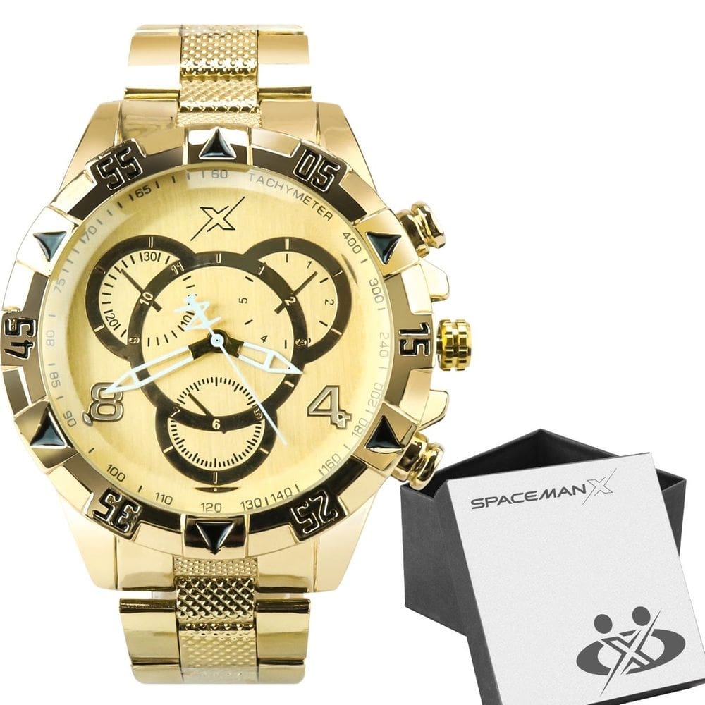 Relogio dourado aço inoxidável masculino + caixa premium