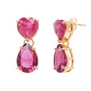 Brinco Com Pedra Fusion Coração E Gota Rosa Folheado A Ouro 18K