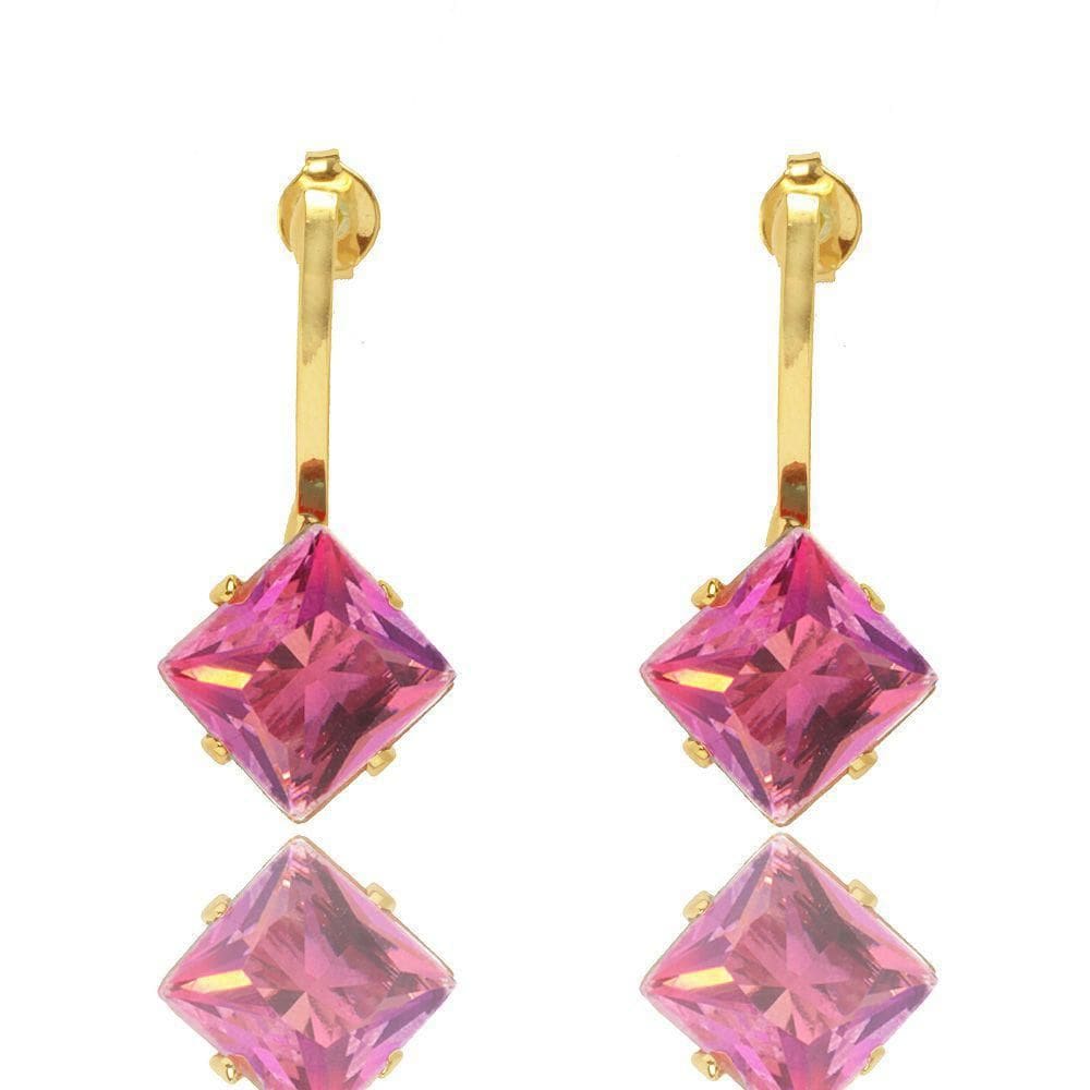 Brinco Base Reta Com Pedra Rosa Folheado A Ouro 18K.