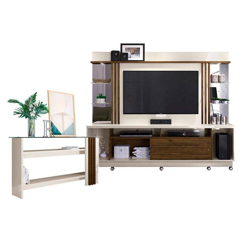 Estante Home Theater com Rodízios e Aparador Frizz Gold Off White Savana – Madetec