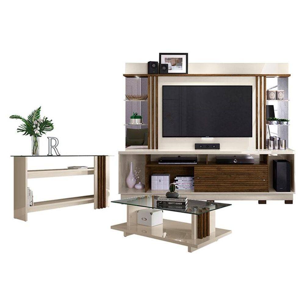 Estante Home Theater com Pés e Aparador com Mesa de Centro Frizz Gold Off White Savana – Madetec