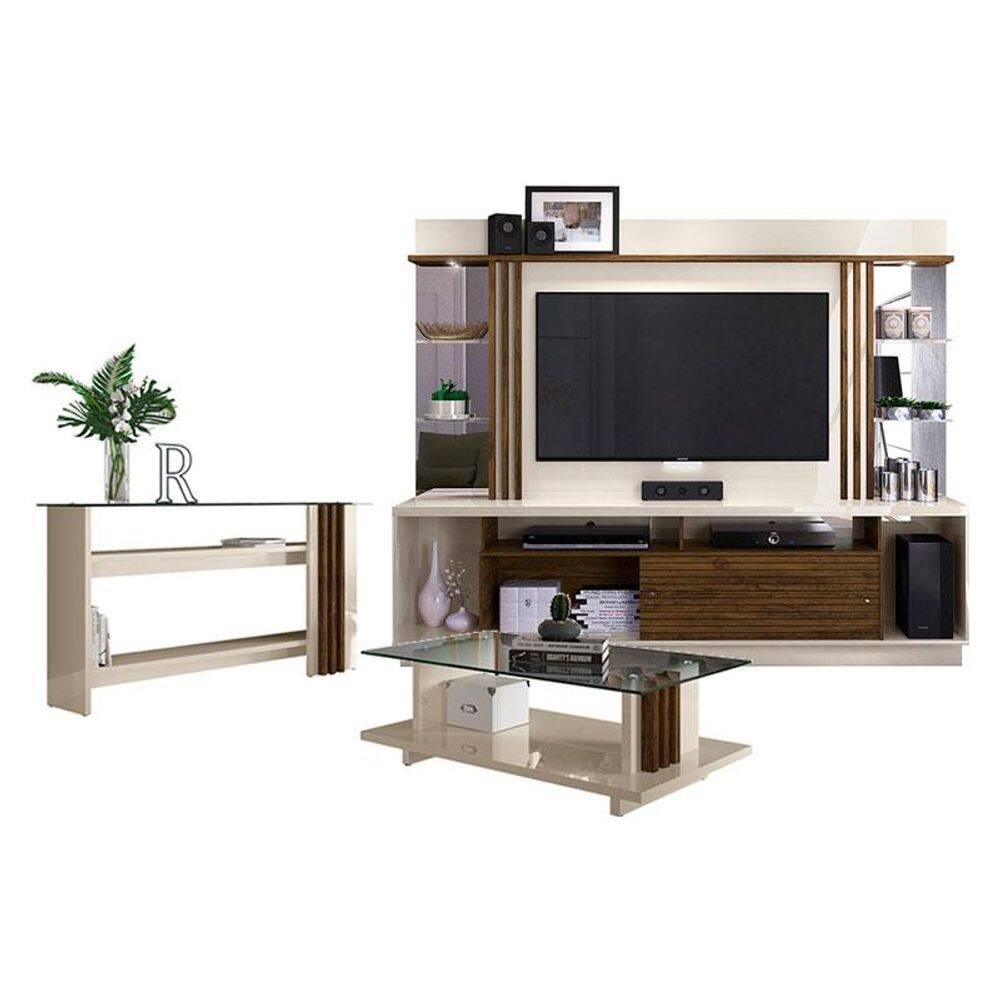Estante Home Theater com Aparador e Mesa de Centro Frizz Gold Off White Savana – Madetec
