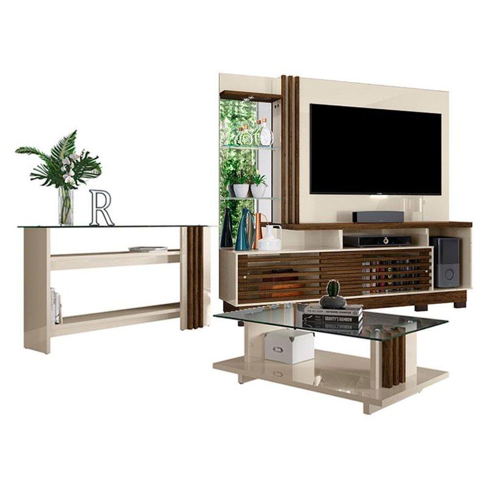 Estante Home Theater com Pés e Aparador com Mesa de Centro Frizz Plus Off White Savana – Madetec