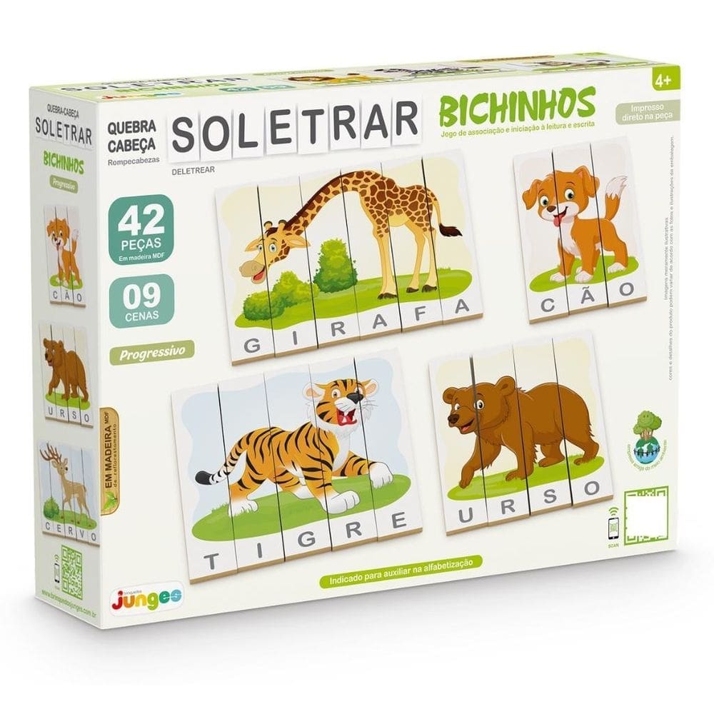 Quebra-Cabeça Soletrar Bichinhos 42 Peças Em Madeira -Junges
