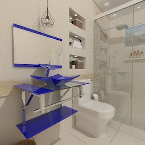 Gabinete de Vidro 90cm Inox com Cuba Quadrada Azul Escuro