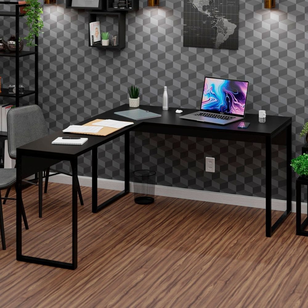 Mesa de Canto em L Escrivaninha Industrial 150x150cm Preto