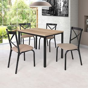Conjunto Karina Flex 1,10m Tampo Laminado com 4 Cadeiras Preto Fosco/Linho Bege/Carvalho