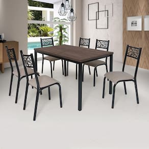 Conjunto Jade Flex 1,36m Tampo Laminado com 6 Cadeiras Preto Fosco/Bege/Amendoa