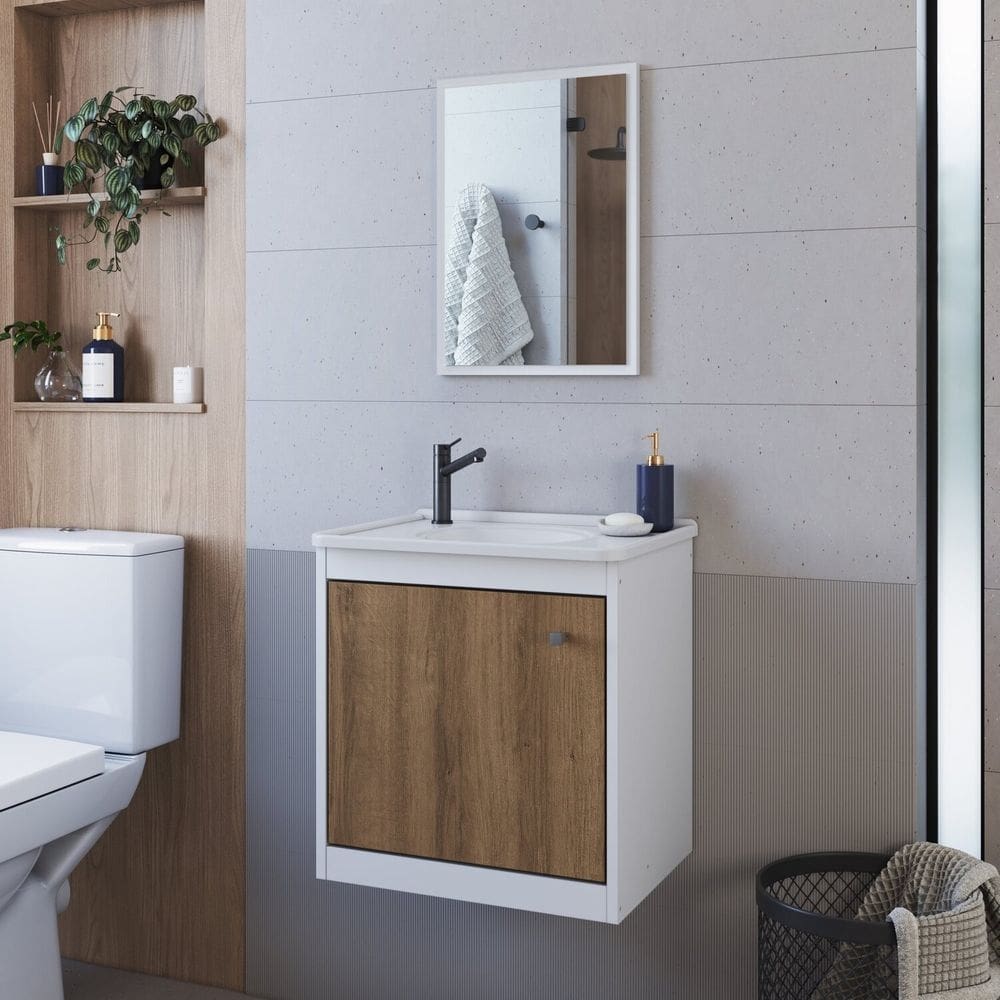 Gabinete de Banheiro com Espelheira Arizona 44cm com Pia Embutida Yescasa Branco Mel