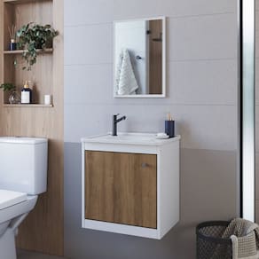 Gabinete de Banheiro com Espelheira Arizona 44cm com Pia Embutida Yescasa Branco Mel