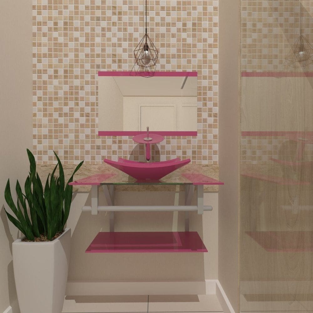 Gabinete de Vidro 60cm Inox com Cuba Quadrada Rosa