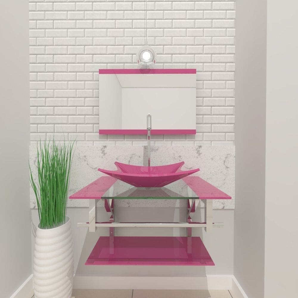 Gabinete de Vidro 80cm Inox com Cuba Retangular Rosa