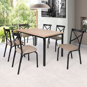 Conjunto Karina Flex 1,36m Tampo Laminado com 6 Cadeiras Preto Fosco/Linho Bege
