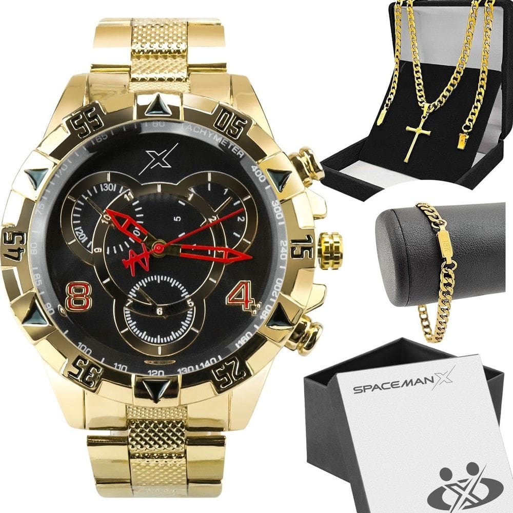 Relogio masculino aço dourado caixa pulseira analogico ponteiro mostrador preto grande religioso