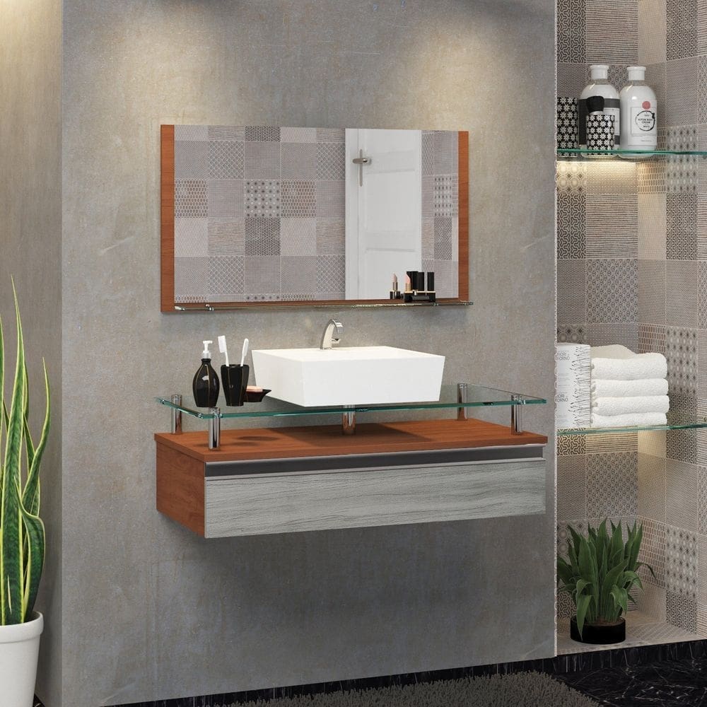 Conjunto Gabinete Banheiro 60cm Ametista Marrom/Rovere
