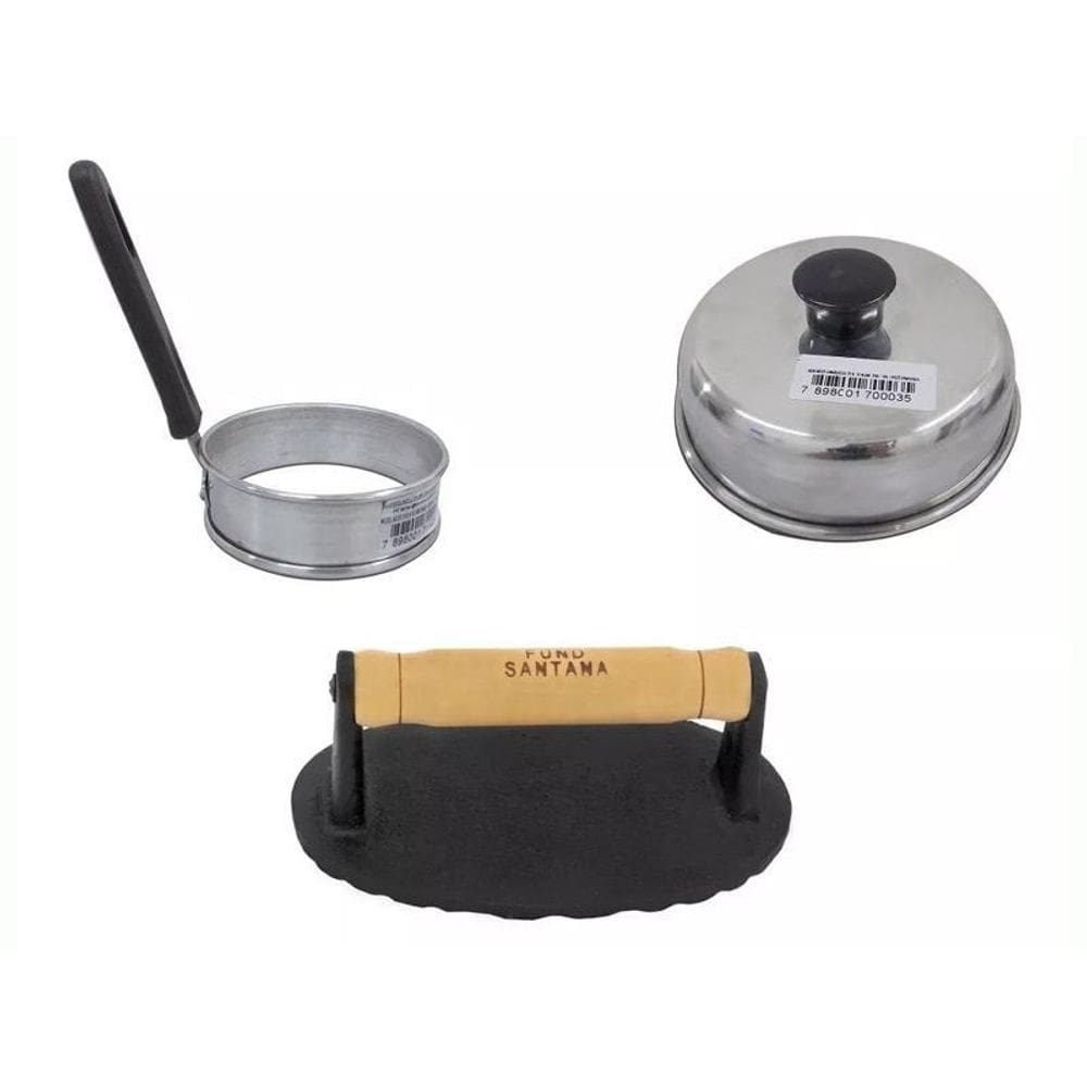 Kit amassador + abafador de hamburguer + modelador de ovo