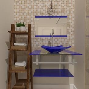 Gabinete de Vidro 70cm com Cuba Quadrada Azul Escuro
