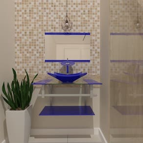 Gabinete de Vidro 70cm Inox com Cuba Quadrada Azul Escuro