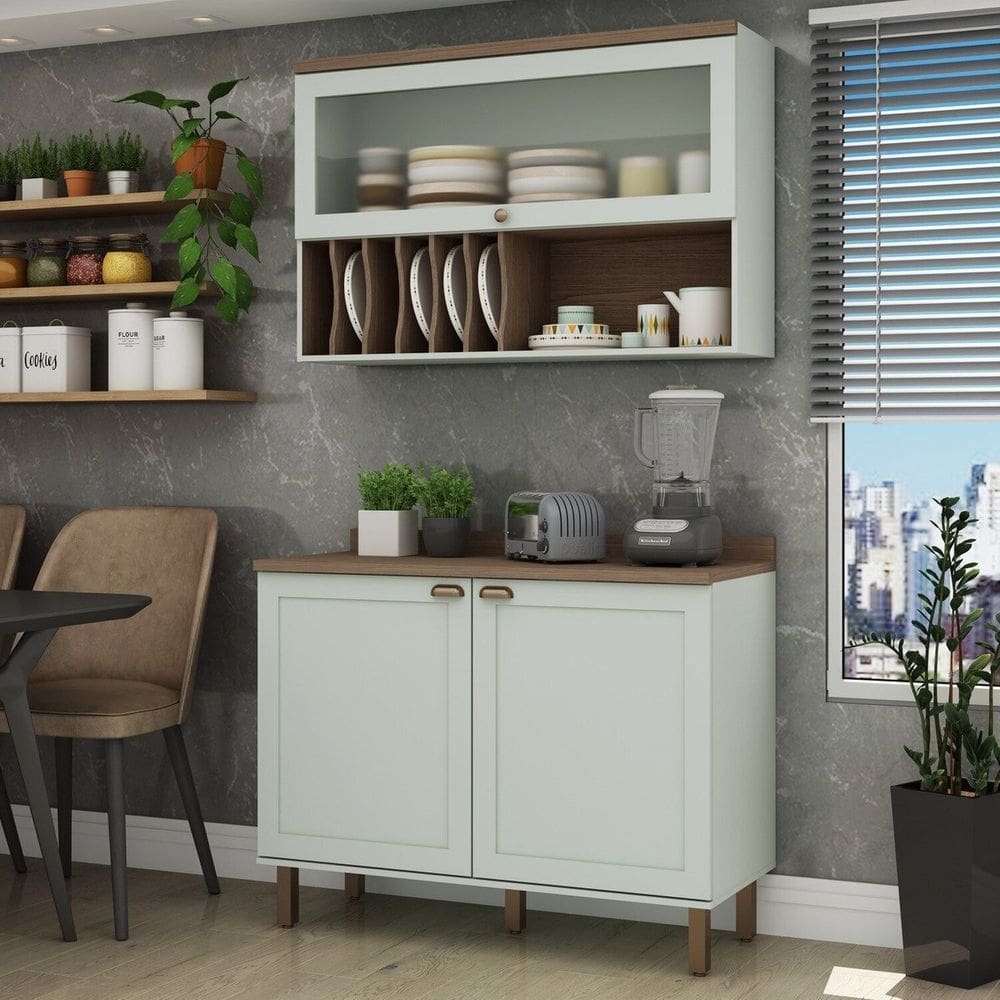 Cozinha Compacta 2 Peças 3 Portas Balcão 120cm Tampo Mdf Iluminata Verde Mint/Ébano