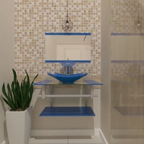 Gabinete de Vidro 70cm Inox com Cuba Quadrada Azul