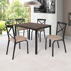 Conjunto Karina Flex 1,10m Tampo Laminado com 4 Cadeiras Preto Fosco/Linho Bege/Amendoa