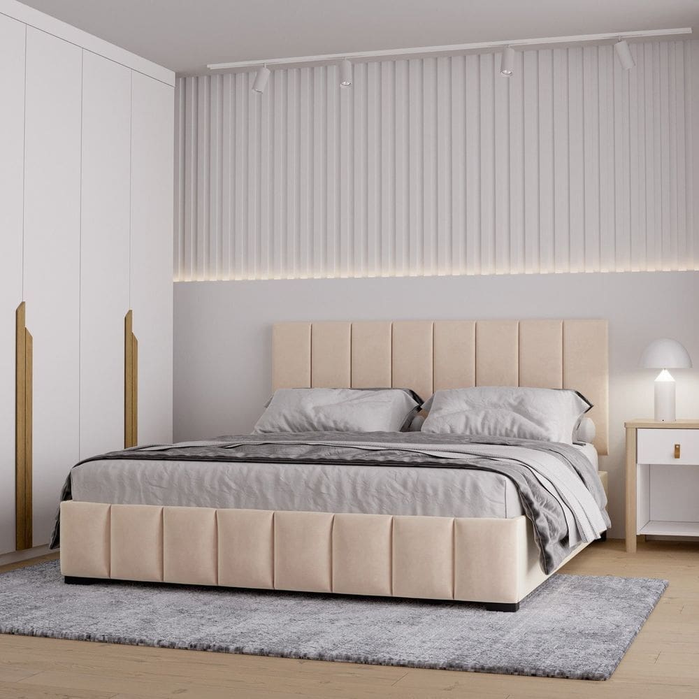 Cama Baú Queen sem Cabeceira Uvaia Cabecasa Madeiramadeira Bege