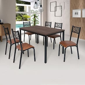 Conjunto Jade Flex 1,36m Tampo Laminado com 6 Cadeiras Preto Fosco/Caramelo/Amendoa