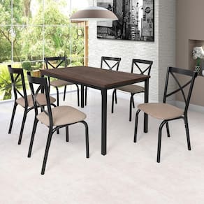 Conjunto Karina Flex 1,36m Tampo Laminado com 6 Cadeiras Preto Fosco/Linho Bege/Amendoa