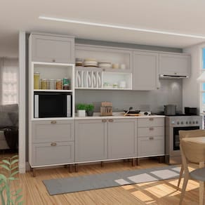 Cozinha Completa 6 Peças Torre Quente 2 Balcões 3 Armários Aéreos Iluminata Branco/Cinza
