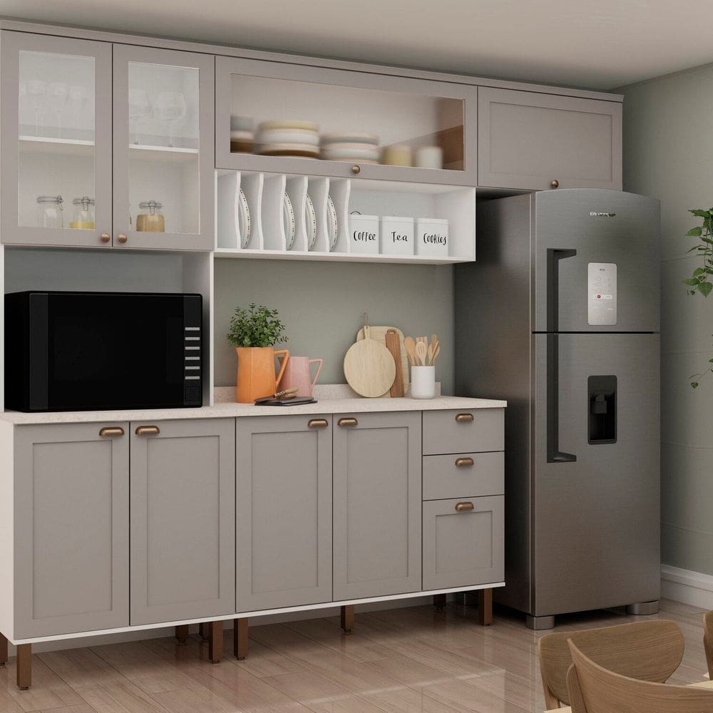 Cozinha Completa com Cristaleira Forno sem Tampo 100% Mdf Iluminata Branco/Cinza