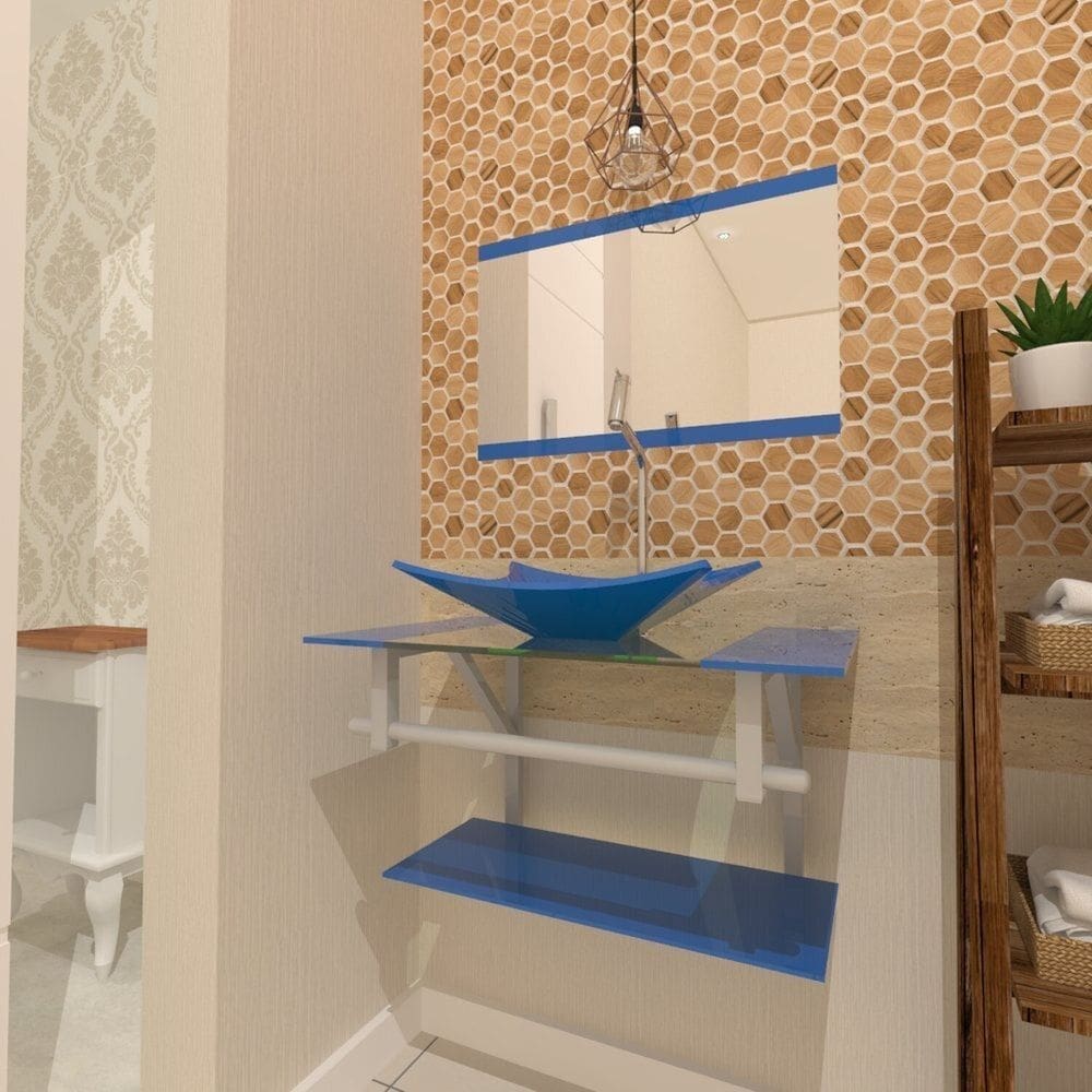 Gabinete de Vidro 70cm Inox com Cuba Retangular Azul