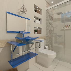 Gabinete de Vidro 80cm Inox com Cuba Quadrada Azul