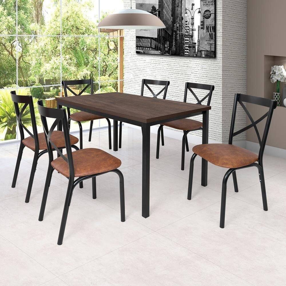 Conjunto Karina Flex 1,36m Tampo Laminado com 6 Cadeiras Preto Fosco/Caramelo/Amendoa