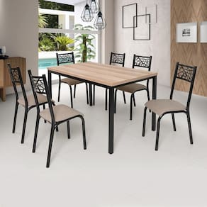 Conjunto Jade Flex 1,36m Tampo Laminado com 6 Cadeiras Preto Fosco/Bege/Carvalho
