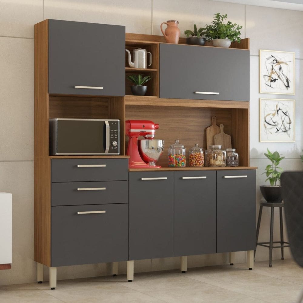 Kit Cozinha 6 Portas 2 Gavetas Select Amêndola Touch/Grafito