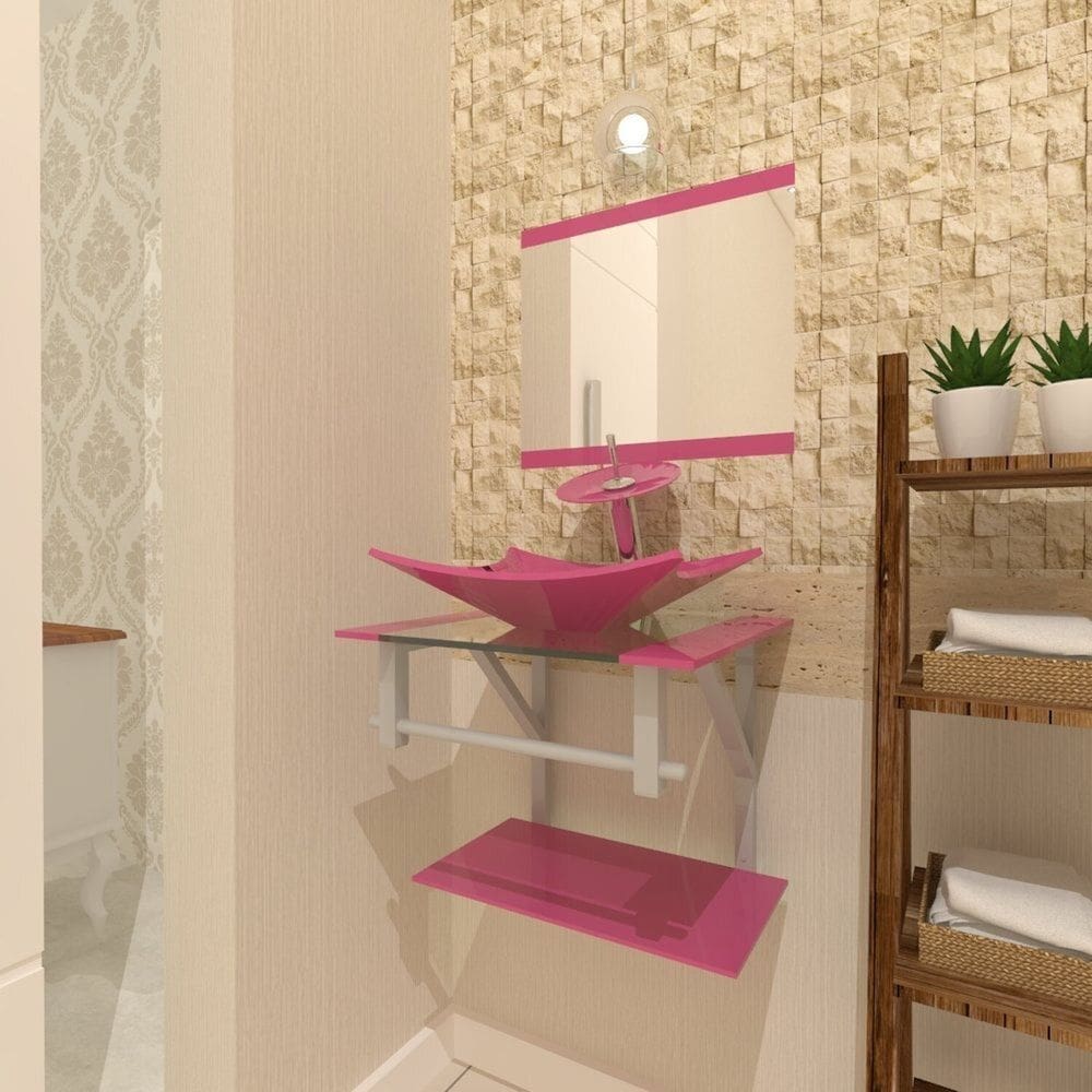 Gabinete de Vidro 45cm com Cuba Retangular Rosa