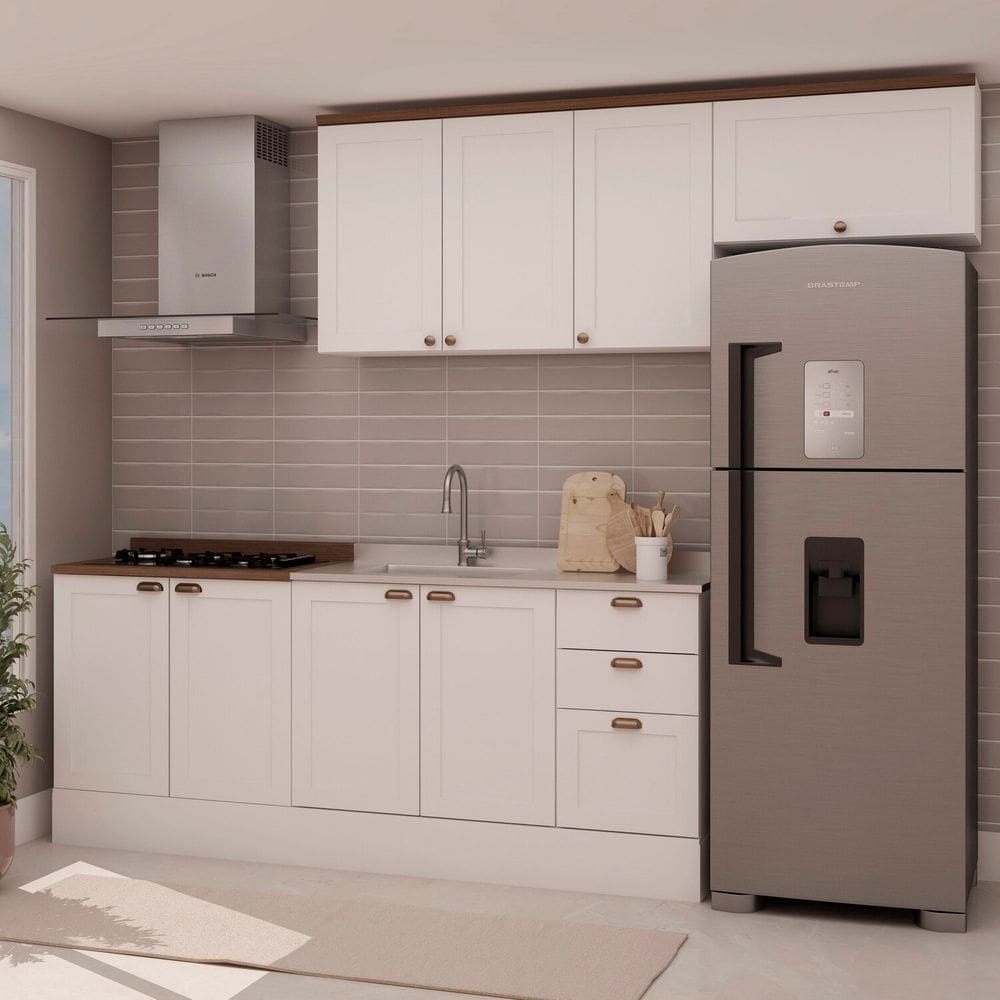 Cozinha 4 Peças com Aéreo para Geladeira e Balcão com Tampo para Cooktop 100% Mdf Branco Fosco/Ébano