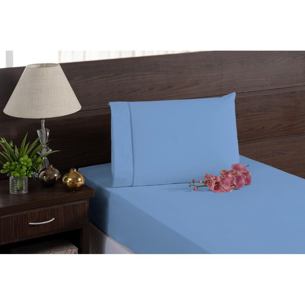 Kit lençol fronha micropercal 400 fios azul com elástico