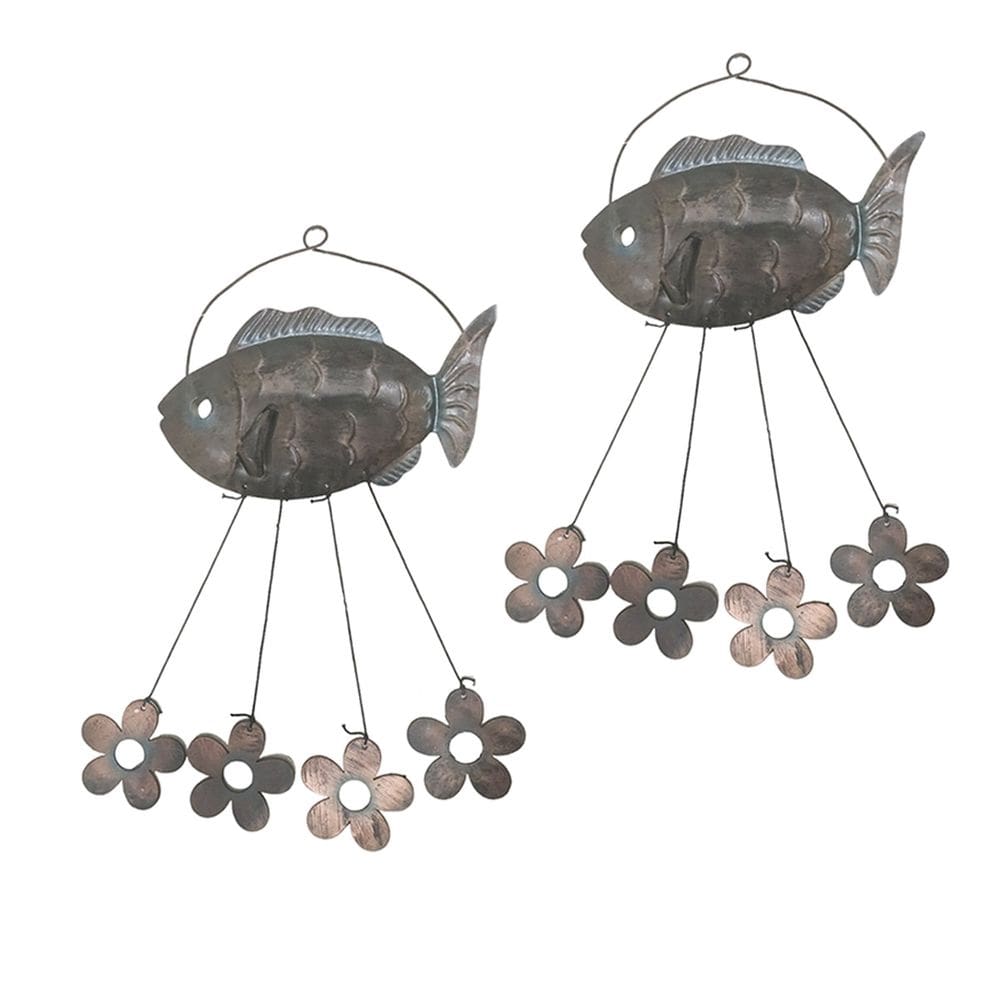 Sino dos Ventos Peixe Flores Kit 2 Unidades Jardim Varanda Quintal Enfeite Decoraçao Ambiente Externo