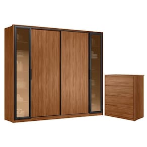 Cômoda Atria 4 Gavetas e Guarda Roupa Casal Laredo Nogueira Touch com Vidro Reflecta Demóbile - Demartêz