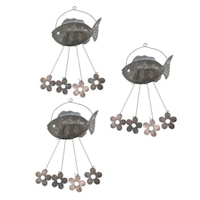 Sino dos Ventos Peixe Flores Kit 3 unidades Decoraçao Jardim Varanda Relaxante Enfeite Quintal