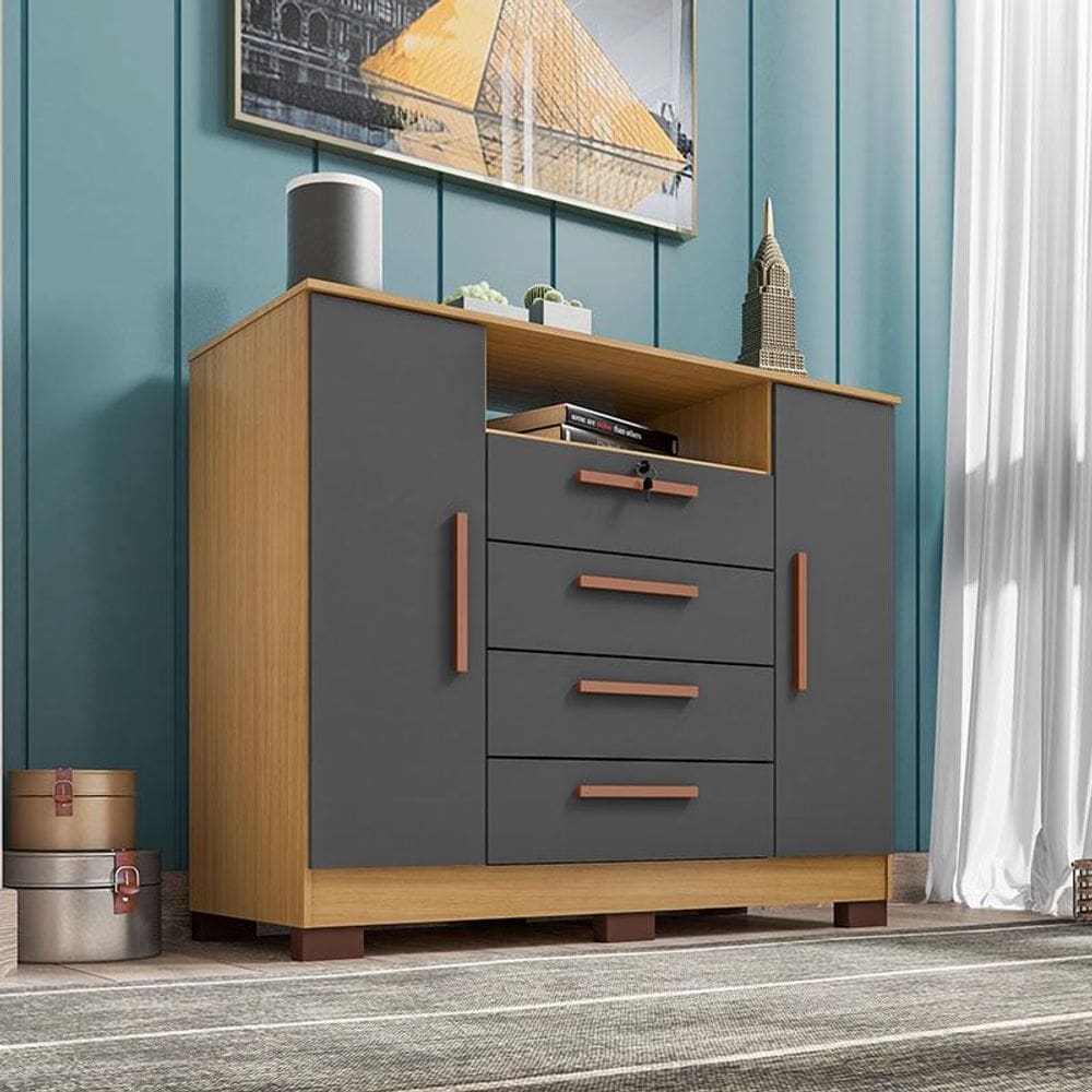 Cômoda Ambiente Mirassol 4 Gavetas 2 Portas Carvalho Americano Grafite - Incorplac