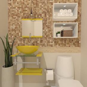 Gabinete de Vidro 45cm com Cuba Redonda Amarelo
