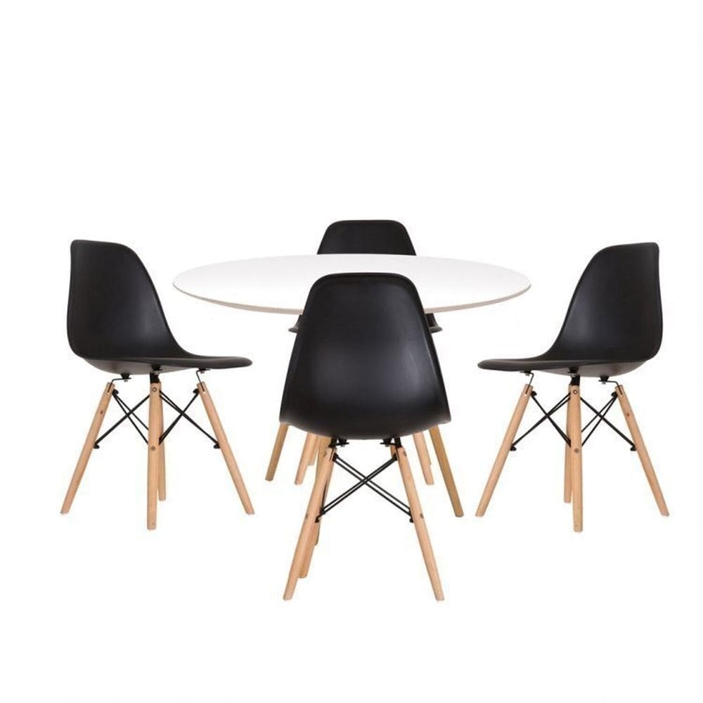 Conjunto Mesa Redonda 90cm Tampo em Mdf 4 Cadeiras Pp Base Madeira Eames Dsw-m Branco/Preto