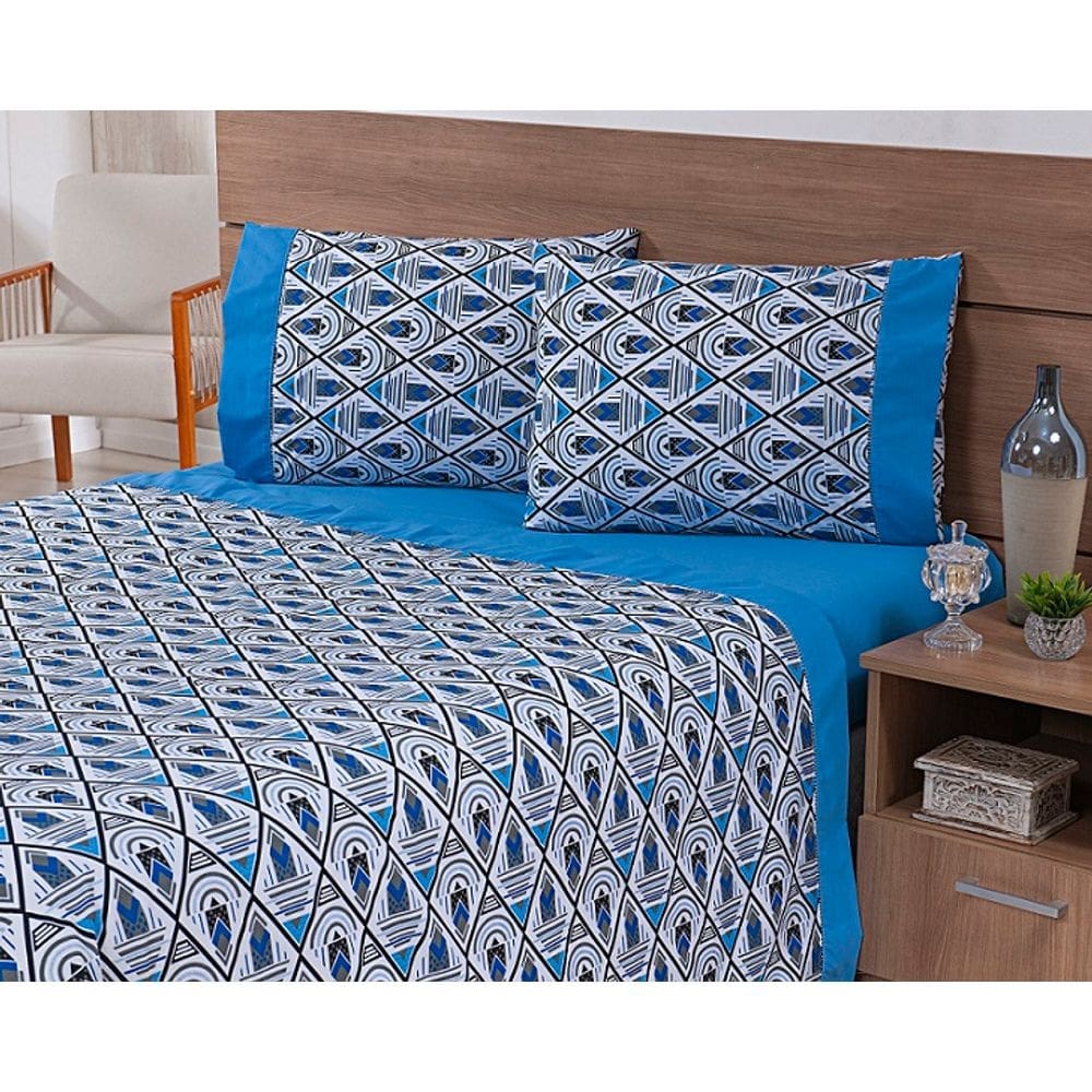Jogo Lençol 4 Peças Cama Viúva 2,03mx1,20mx30cm 100% Algodão 180 Fios Ponto Palito Losangos Azul