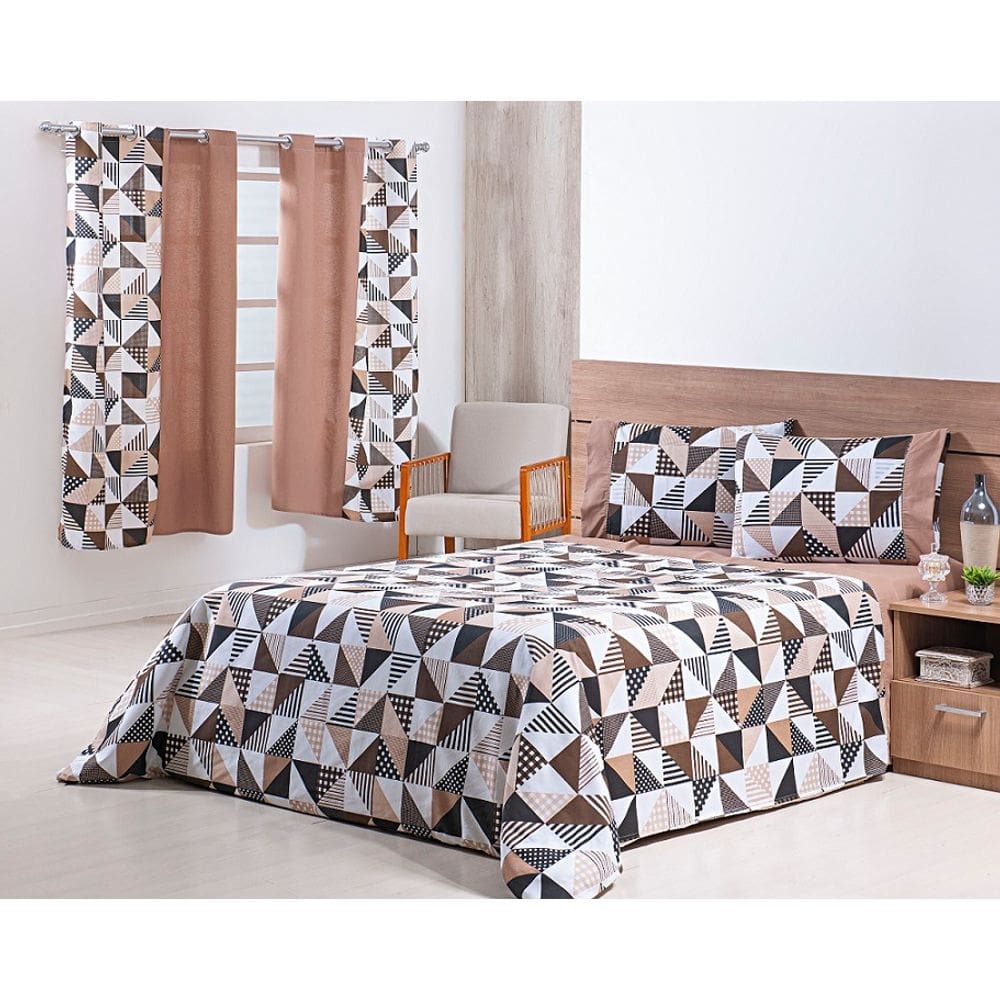 Jogo Lençol 4 Peças Cama Viúva 2,03mx1,20mx30cm 100% Algodão 180 Fios Ponto Palito Geométrico Cáqui