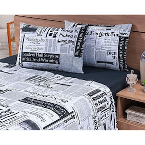 Jogo Lençol 4 Peças Cama Viúva 1,88mx1,28mx30cm 100% Algodão 180 Fios Jornal Preto