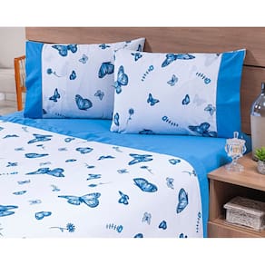 Jogo Lençol 4 Peças Cama Viúva 2,03mx1,20mx30cm 100% Algodão 180 Fios Ponto Palito Azul Borboletas Azul