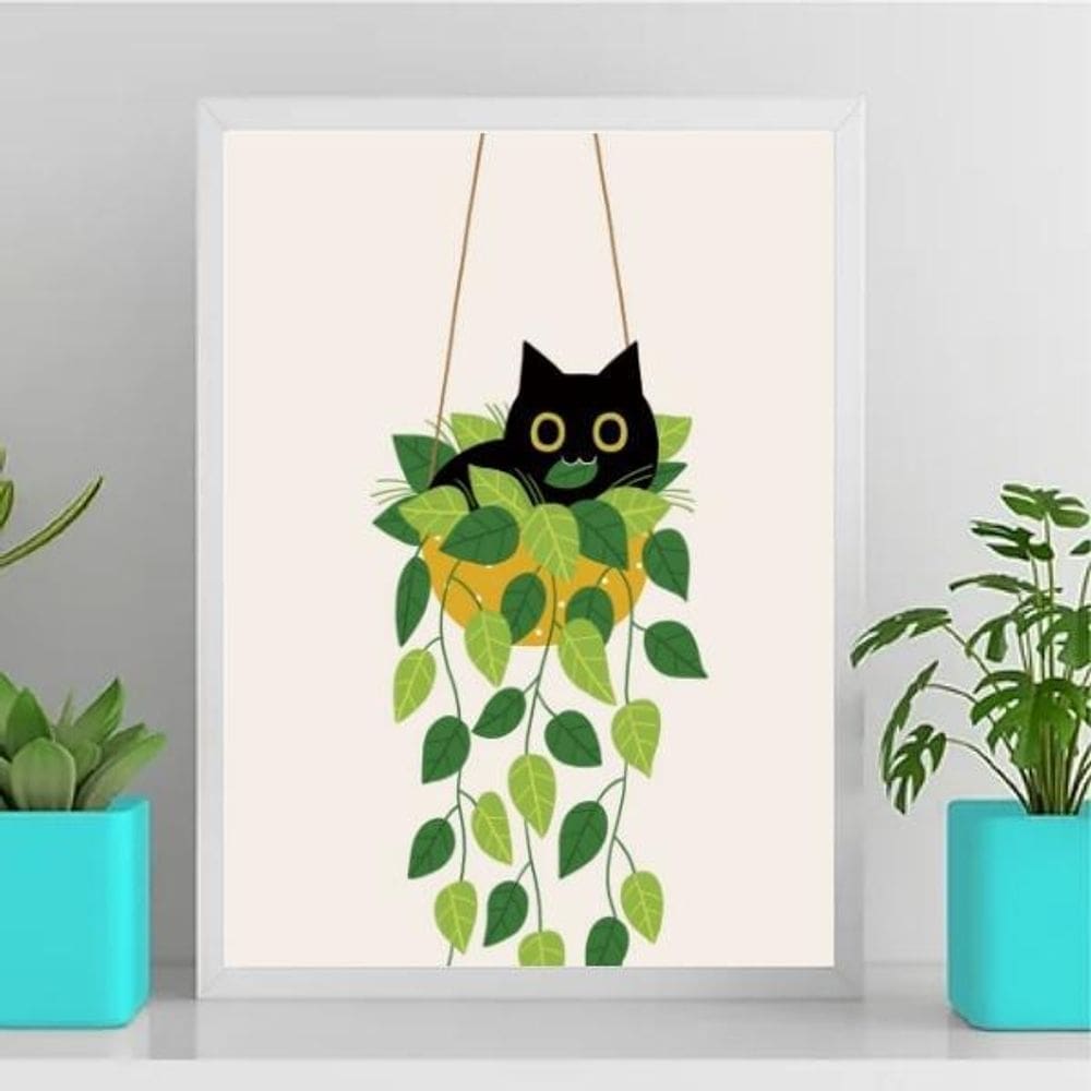 Quadro Gatinho No Vaso De Planta 24X18Cm - Com Vidro