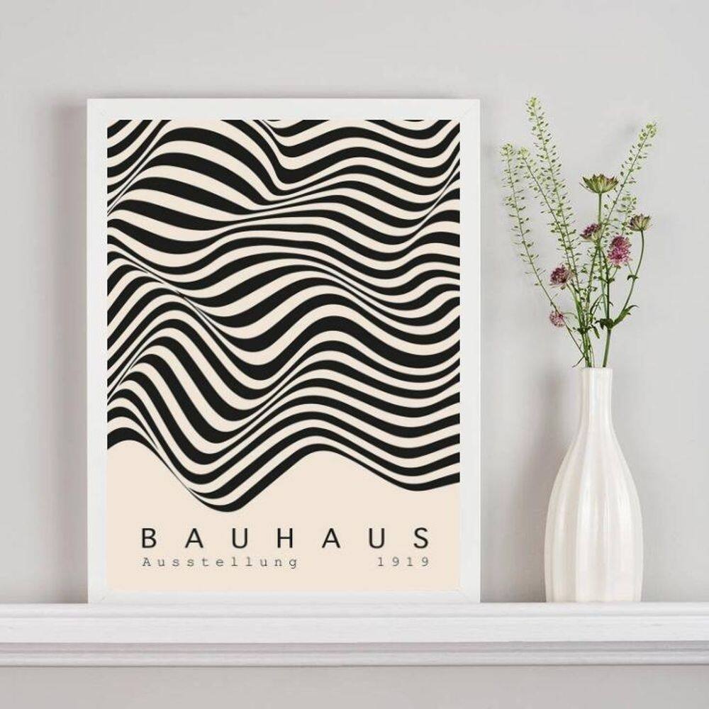 Quadro Bauhaus Ondas Bege Com Preto 45X34Cm